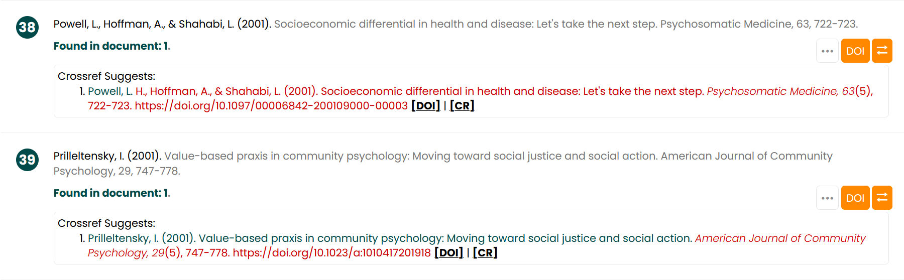 Reference entries showing Crossref results