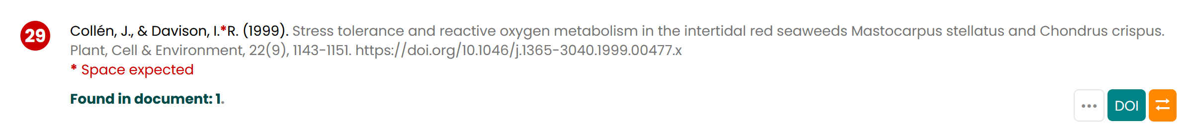 Screenshot of issue with Collén and Davison reference list entry
