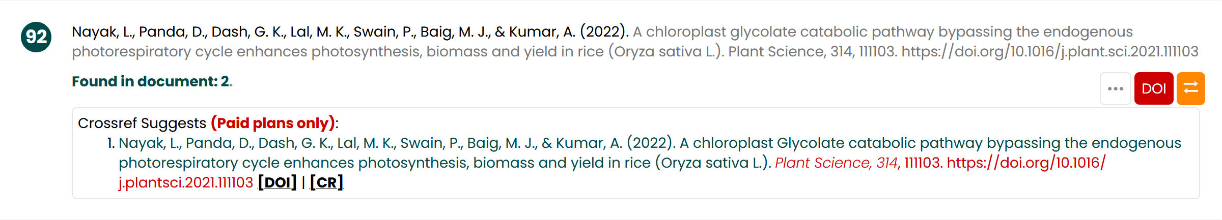 Screenshot of Crossref suggestion for Nayak reference list entry