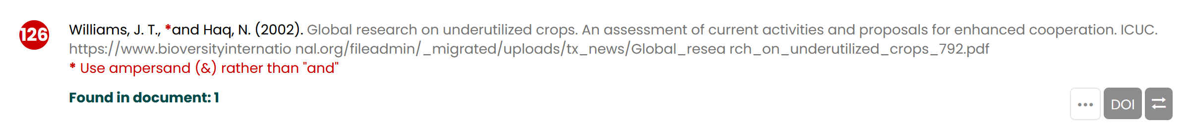 Screenshot of issue with Williams and Haq reference list entry