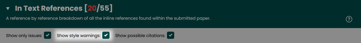 Screenshot showing in-text filters, highlighting show style warnings