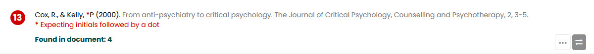 Screenshot showing a reference list entry where the author may have missed an author's initials